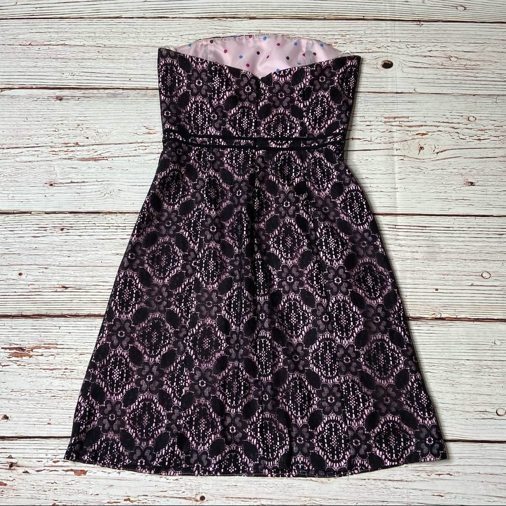 Helen Wang NYC Pink with Black Lace Strapless Fit and Flare Dress Sz 4 - Picture 12 of 16